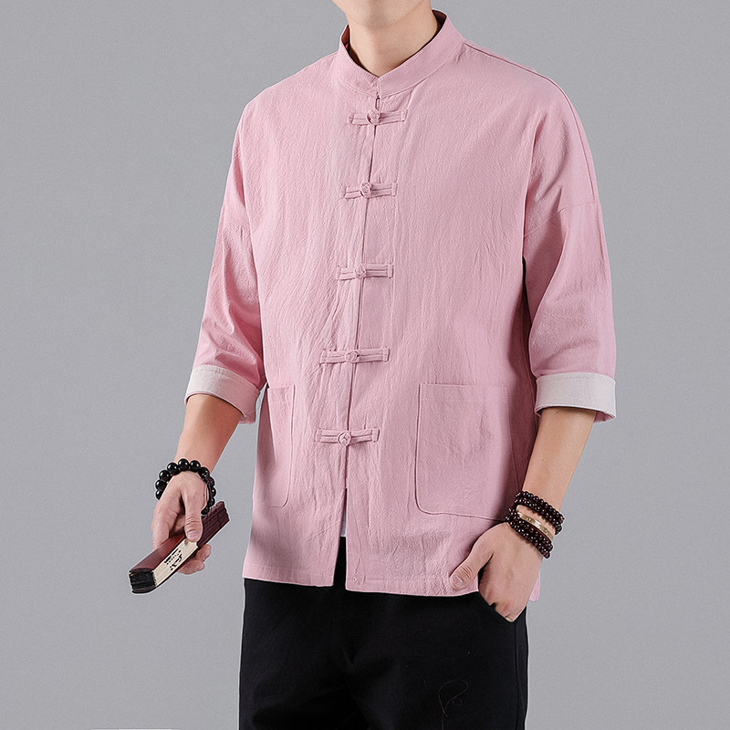 QT715-C7212-P55春夏风棉麻短袖衬衫盘扣唐装中式复古衬衣-绿,男装衬衫,钱塘715