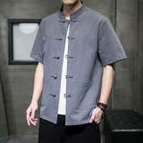 QT715-7010-P55风夏季棉麻衬衣盘扣中式唐装短袖衬衫男-黑，男装T恤，钱塘715