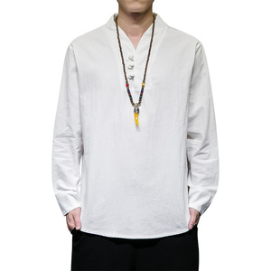 QT715-8602-P45风棉麻长袖T恤中式V领盘扣汉服打底唐装-蓝图片