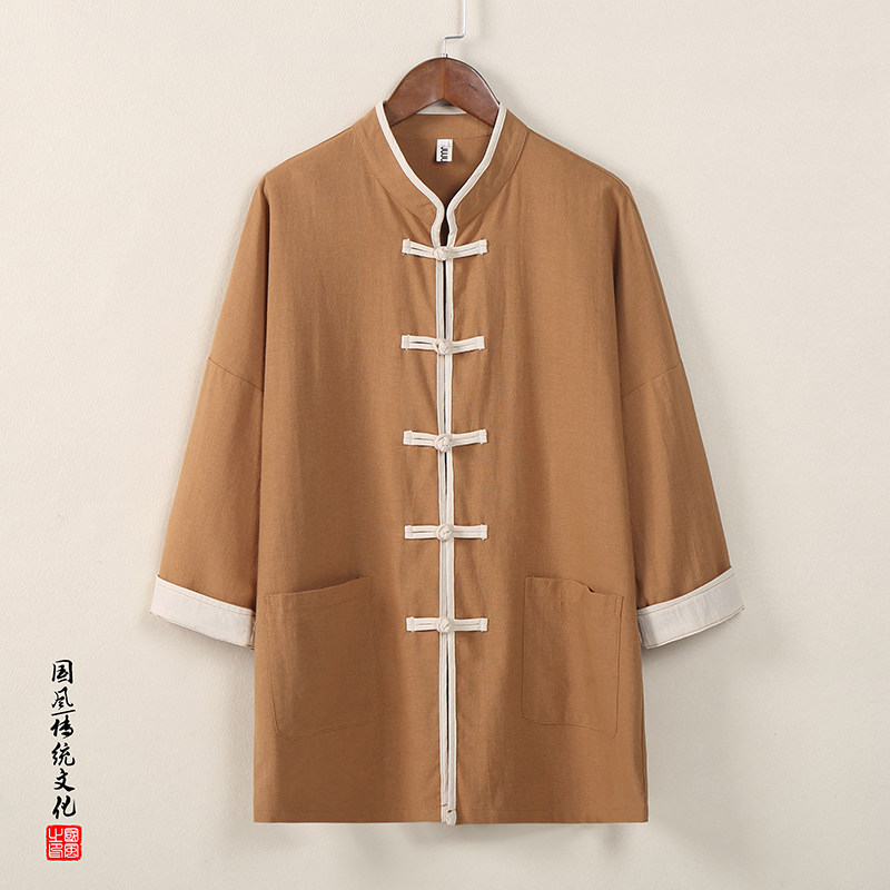 QT715-C806-P55风夏季棉麻七分袖衬衫男女唐装短袖汉服-黄,男装衬衫,钱塘715