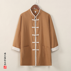 QT715-C806-P55风夏季棉麻七分袖衬衫男女唐装短袖汉服-粉