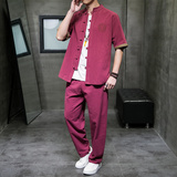 QT715-7056-P80夏季风棉麻套装男短袖衬衫长裤套装-白，男装T恤，钱塘715