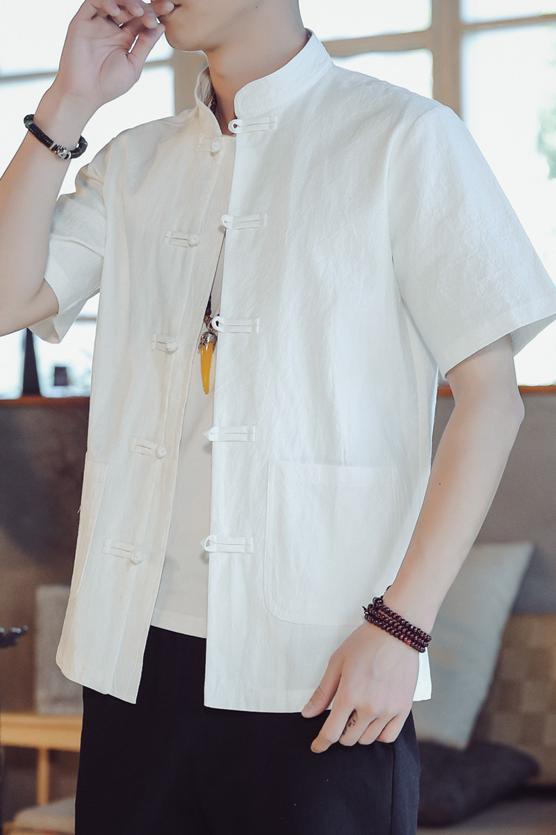 QT715-7010-P55夏季风棉麻开衫短袖衬衫男半袖衬衣-白,男装T恤,钱塘715