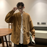 QT715-802-P55港风春秋大码复古灯芯绒长袖衬衫外套男女百搭-米，男装衬衫，钱塘715