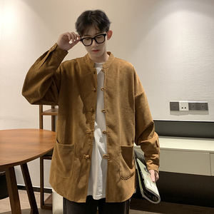 QT715-802-P55港风春秋大码复古灯芯绒长袖衬衫外套男女百搭-米图片