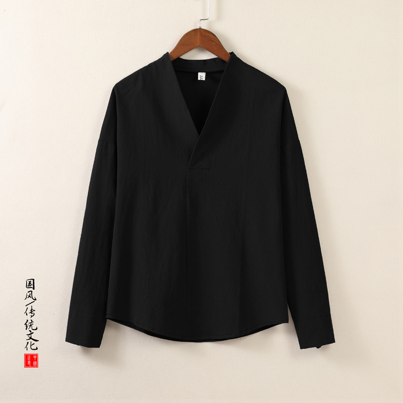 QT715-T7029-P40秋季风棉麻V领长袖T恤交叉领内搭汉服-白,男装T恤,钱塘715