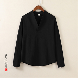 QT715-T7029-P40秋季风棉麻V领长袖T恤交叉领内搭汉服-白图片