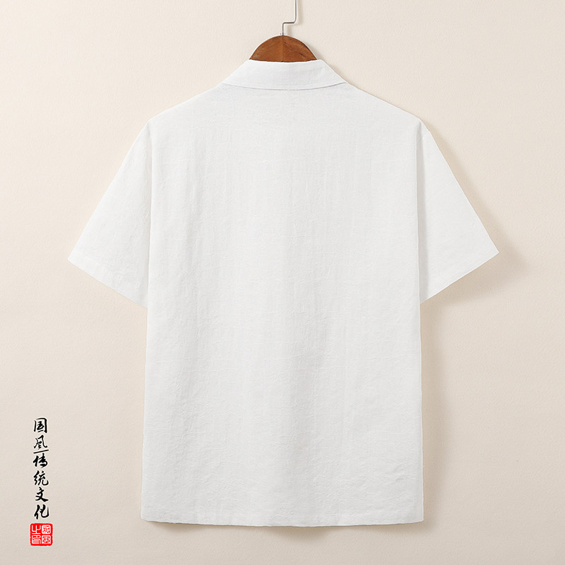 QT715-T816-P65风棉麻提花短袖T恤男复古衬衫领小衫-白,男装T恤,钱塘715
