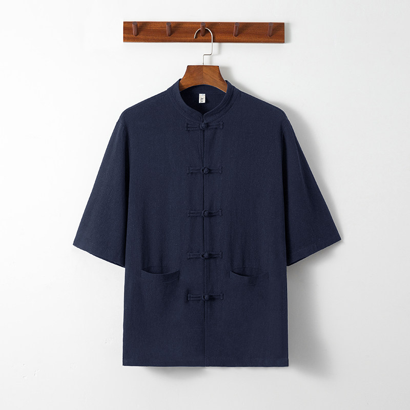 QT715-C6-P60夏季风棉麻短袖衬衫盘扣唐装中式亚麻衬衣-蓝图片