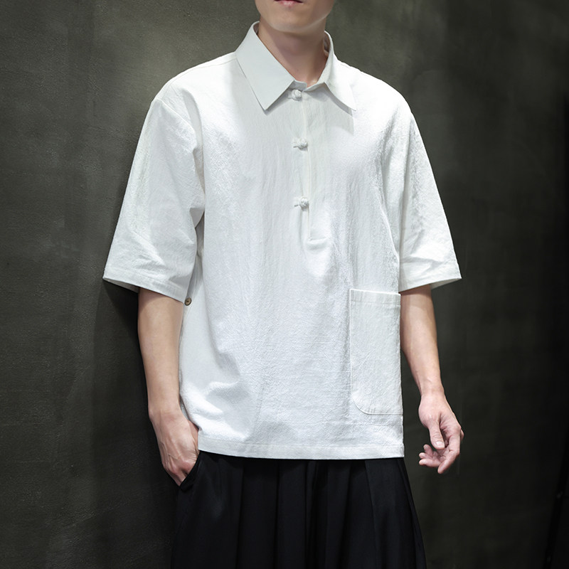 QT715-823-P55夏季风棉麻短袖T恤盘扣衬衫领日系宽松体恤-黑,男装T恤,钱塘715