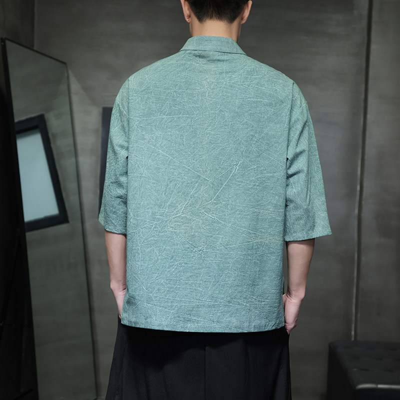 QT715-825-P60夏季风炒色棉麻短袖T恤盘扣立领宽松体恤-豆绿,男装T恤,钱塘715