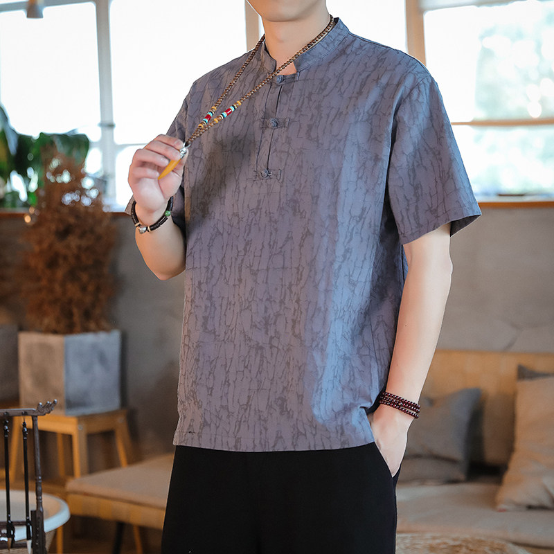 QT715-815-P60风夏季立领短袖提花棉麻T恤男盘扣复古小衫-白,男装T恤,钱塘715
