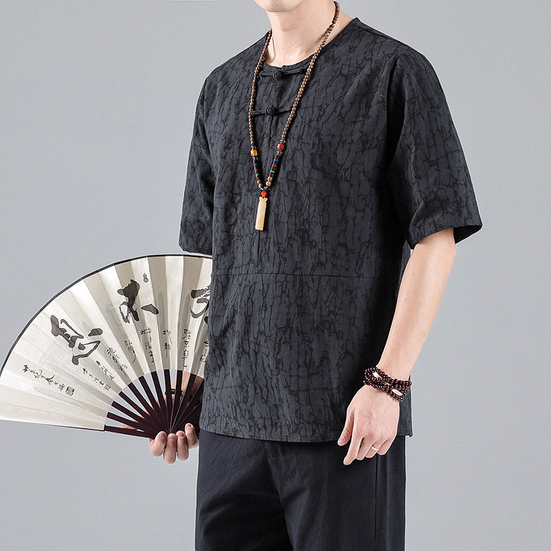 QT715-T2-P60夏季风棉麻提花盘扣圆领短袖T恤男中袖小衫-灰,男装T恤,钱塘715
