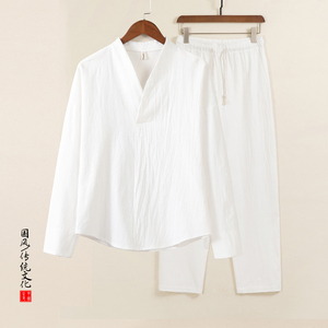 QT715-TZ7029-P75风春秋棉麻长袖T恤套装男中式唐装两件套图片