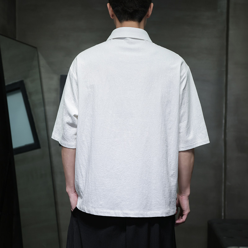 QT715-823-P55夏季风棉麻短袖T恤盘扣衬衫领日系宽松体恤-黑,男装T恤,钱塘715