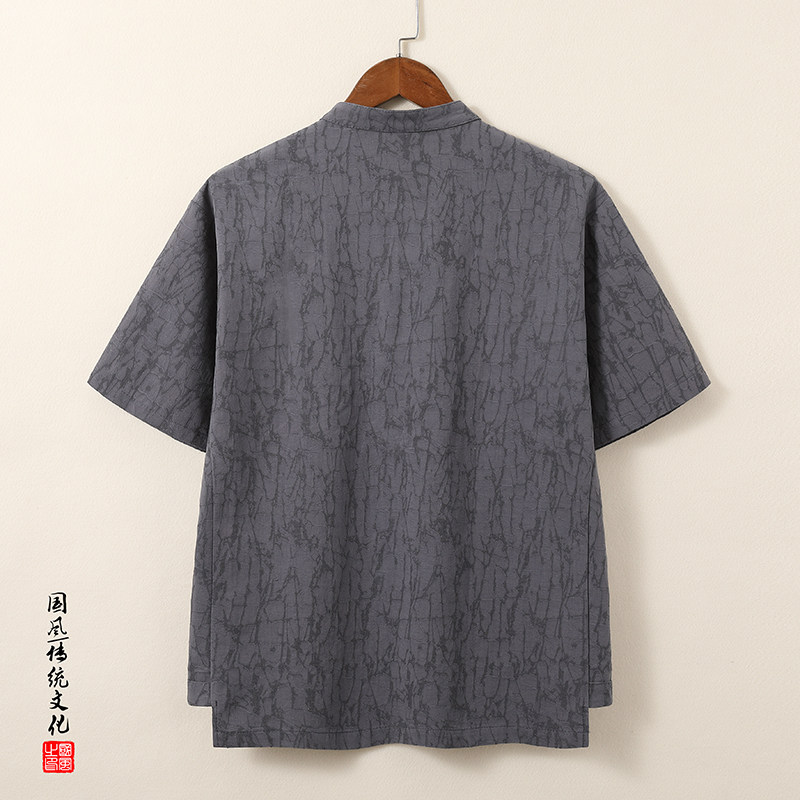 QT715-815-P60夏季风提花棉麻短袖衬衫男大码盘扣立领体恤-灰,男装T恤,钱塘715