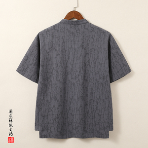 QT715-815-P60夏季风提花棉麻短袖衬衫男大码盘扣立领体恤-灰图片