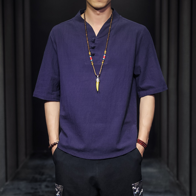 QT715-7026-P35夏季风V领汉服五分袖T恤棉麻男短袖体恤-黑,男装T恤,钱塘715