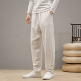 QT715-K7106-P65风亚麻长裤直筒裤松紧腰中青年透气裤子大-麻，男装休闲裤，钱塘715