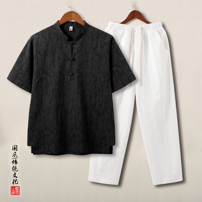QT715-TZ815-P115夏季风提花棉麻短袖T恤套装男大码盘扣立领6图片