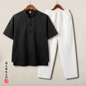 QT715-TZ815-P115夏季风提花棉麻短袖T恤套装男大码盘扣立领6图片