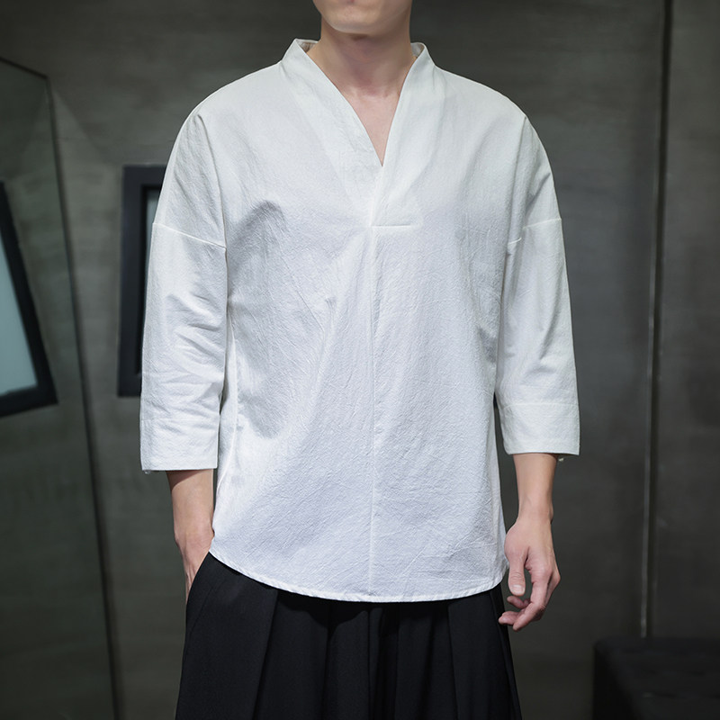 QT715-7022-特P25风夏季棉麻汉服T恤男七分袖宽松七分袖T恤-1图片