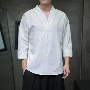 QT715-7022-特P25风夏季棉麻汉服T恤男七分袖宽松七分袖T恤-1图片