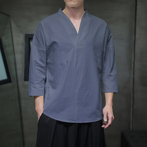 QT715-7022-特P25风夏季棉麻汉服T恤男七分袖宽松七分袖T恤-3图片