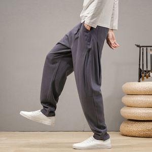 QT715-K7106-P65风亚麻长裤直筒裤松紧腰中青年透气裤子大-麻,男装休闲裤,钱塘715
