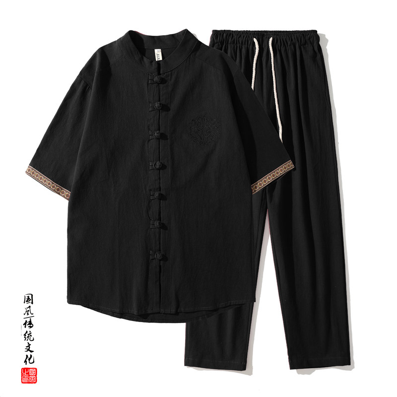 QT715-TZ7056-P80风棉麻套装男夏季复古短袖唐装两件套-蓝,男装休闲套装,钱塘715