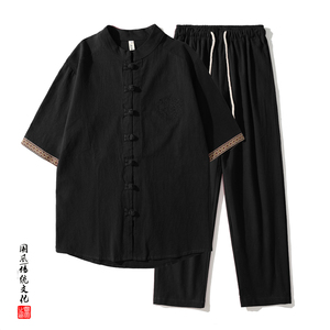 QT715-TZ7056-P80风棉麻套装男夏季复古短袖唐装两件套-黑图片