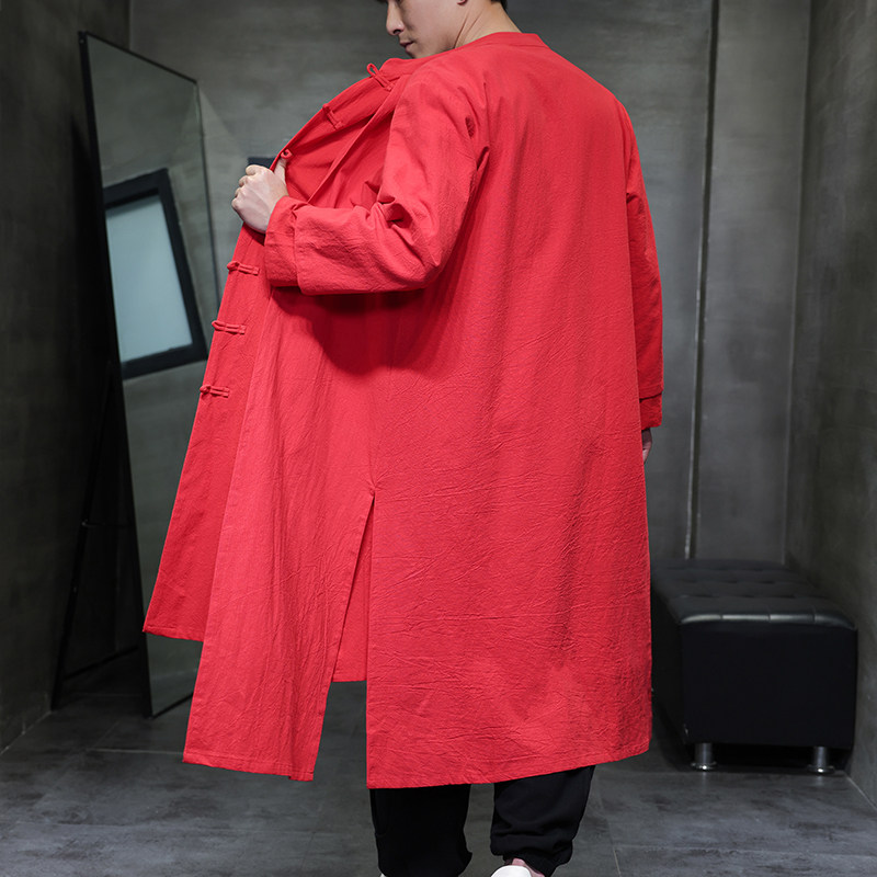 QT715-827-P130风春秋款棉麻中长款汉服假两件复古风衣唐装黑,男装风衣,钱塘715