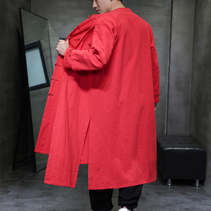 QT715-827-P130风春秋款棉麻中长款汉服假两件复古风衣唐装黑图片