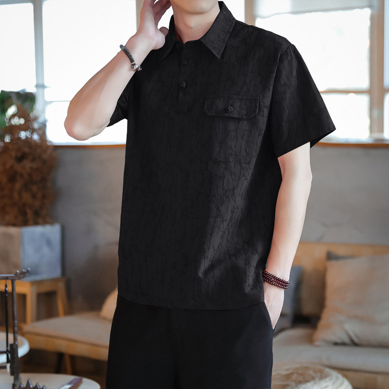 QT715-816-P65风衬衫领短袖提花棉麻T恤男盘扣复古小衫-黑图片