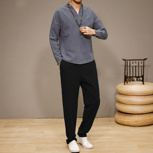 QT715-7074-P75春秋风棉麻长袖T恤长裤套装唐装汉服中式男-3图片