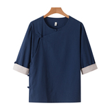 QT715-C7221-P60夏季风棉麻短袖衬衫唐装汉服古装小衫-红，男装衬衫，钱塘715