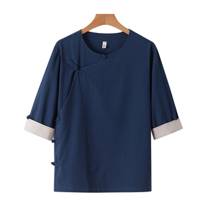 QT715-C7221-P60夏季风棉麻短袖衬衫唐装汉服古装小衫-蓝图片