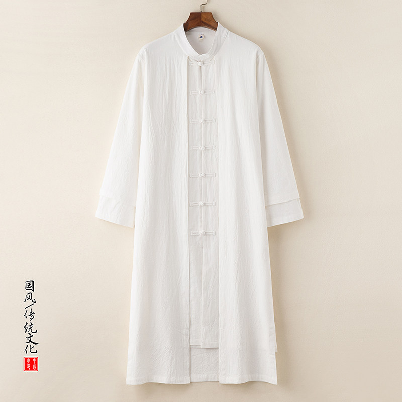QT715-827-P130风棉麻长袍男复古盘扣立领唐装风衣中长款-黑,男装风衣,钱塘715