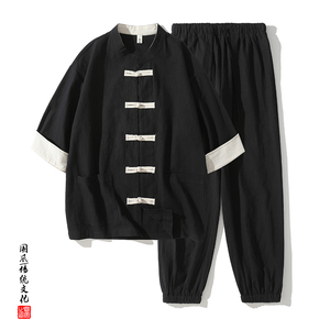 QT715-TZ7070-P90风棉麻短袖衬衫套装男女工装唐装两件套-绿图片