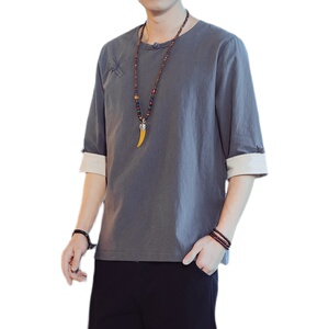 QT715-7221-P60风夏季短袖汉服衬衫男盘扣古装唐装-灰图片