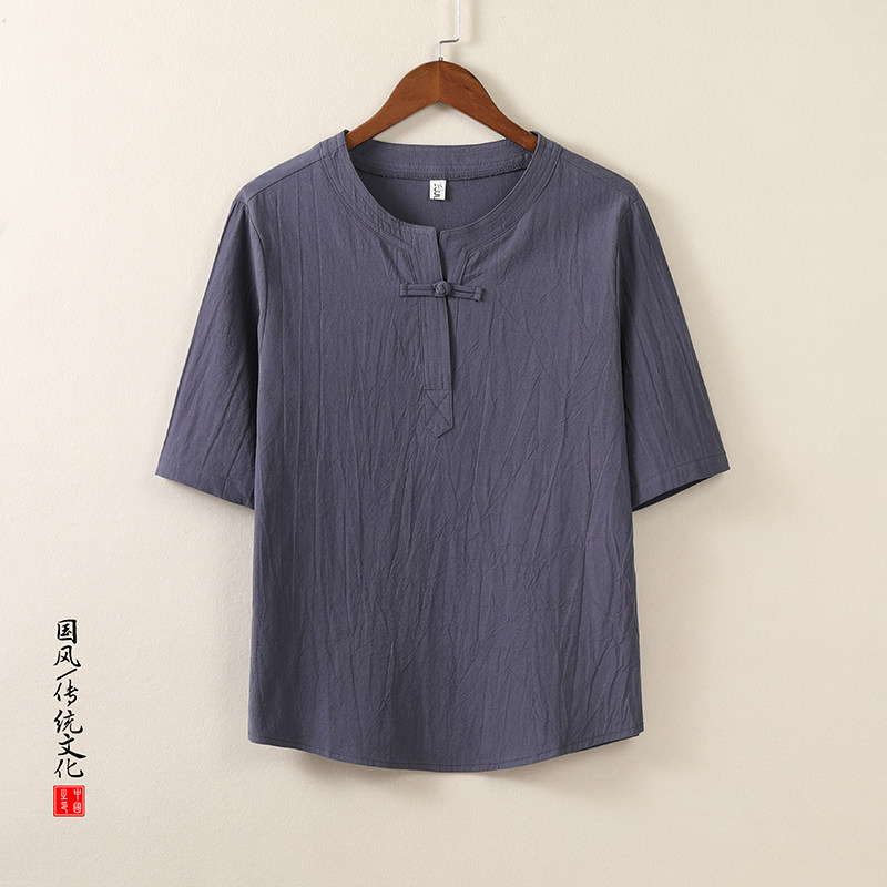 QT715-T7025-P35夏季风棉麻短袖T恤盘扣唐装中式复古半袖-灰图片