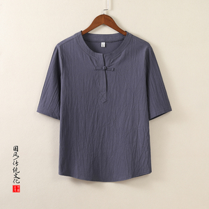 QT715-T7025-P35夏季风棉麻短袖T恤盘扣唐装中式复古半袖-灰图片