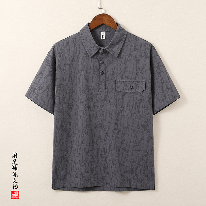 QT715-T816-P65风棉麻提花短袖T恤男复古衬衫领小衫-灰图片
