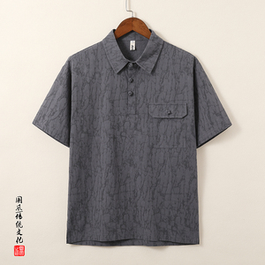 QT715-T816-P65风棉麻提花短袖T恤男复古衬衫领小衫-灰图片