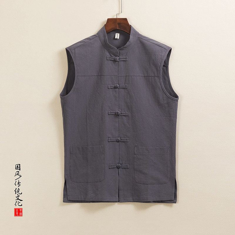 QT715-C5-P55春夏风棉麻复古盘扣中式唐装背心男无袖马甲-黑,男装背心/马甲,钱塘715