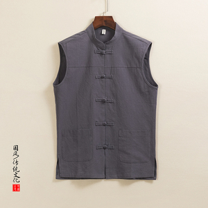 QT715-C5-P55春夏风棉麻复古盘扣中式唐装背心男无袖马甲-红图片
