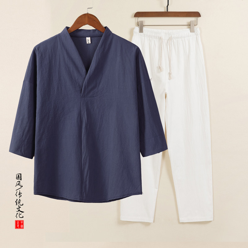 QT715-TZ7022-P63风棉麻套装男夏季复古V领七分袖两件套-9图片