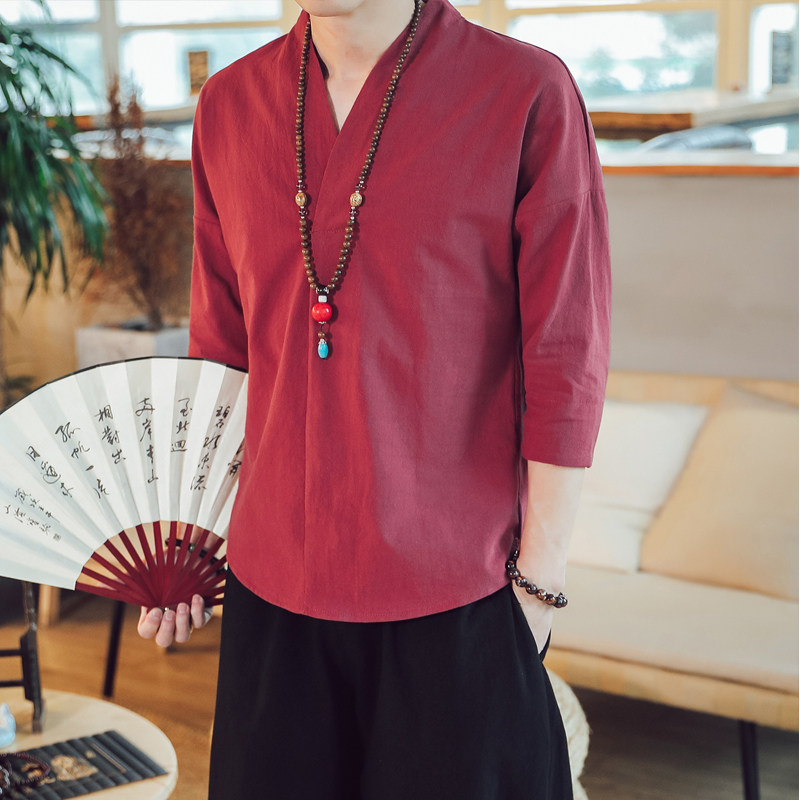 QT715-7022-特P25夏季风V领汉服七分袖T恤棉麻男短袖体恤-蓝,男装T恤,钱塘715