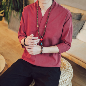 QT715-7022-特P25夏季风V领汉服七分袖T恤棉麻男短袖体恤-红，男装T恤，钱塘715