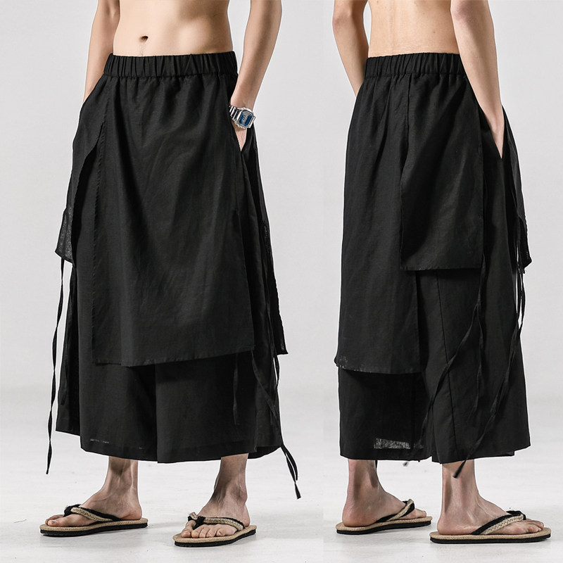 QT715-7103-P105夏季风男唐装阔腿裤休闲古装九分裤汉服-白,男装民族服装,钱塘715